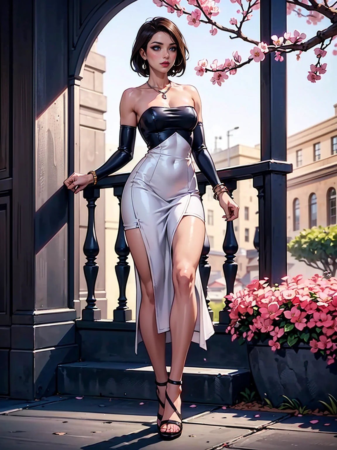 ((show full body from head to toe, standing, body facing to the viewer (show front body)). Tall body, fit body, slender body, big breast. A woman wearing wizard robes(white), skirts, gloves, stockings, show heels. short hair with updo. Masterpiece:1.5, illustration:1.1, best quality:1.5, fine detail, 4k, HDR, natural lighting, bright lighting, sunlight, sharp focus, smooth detail, HDR. Outdoor at a town