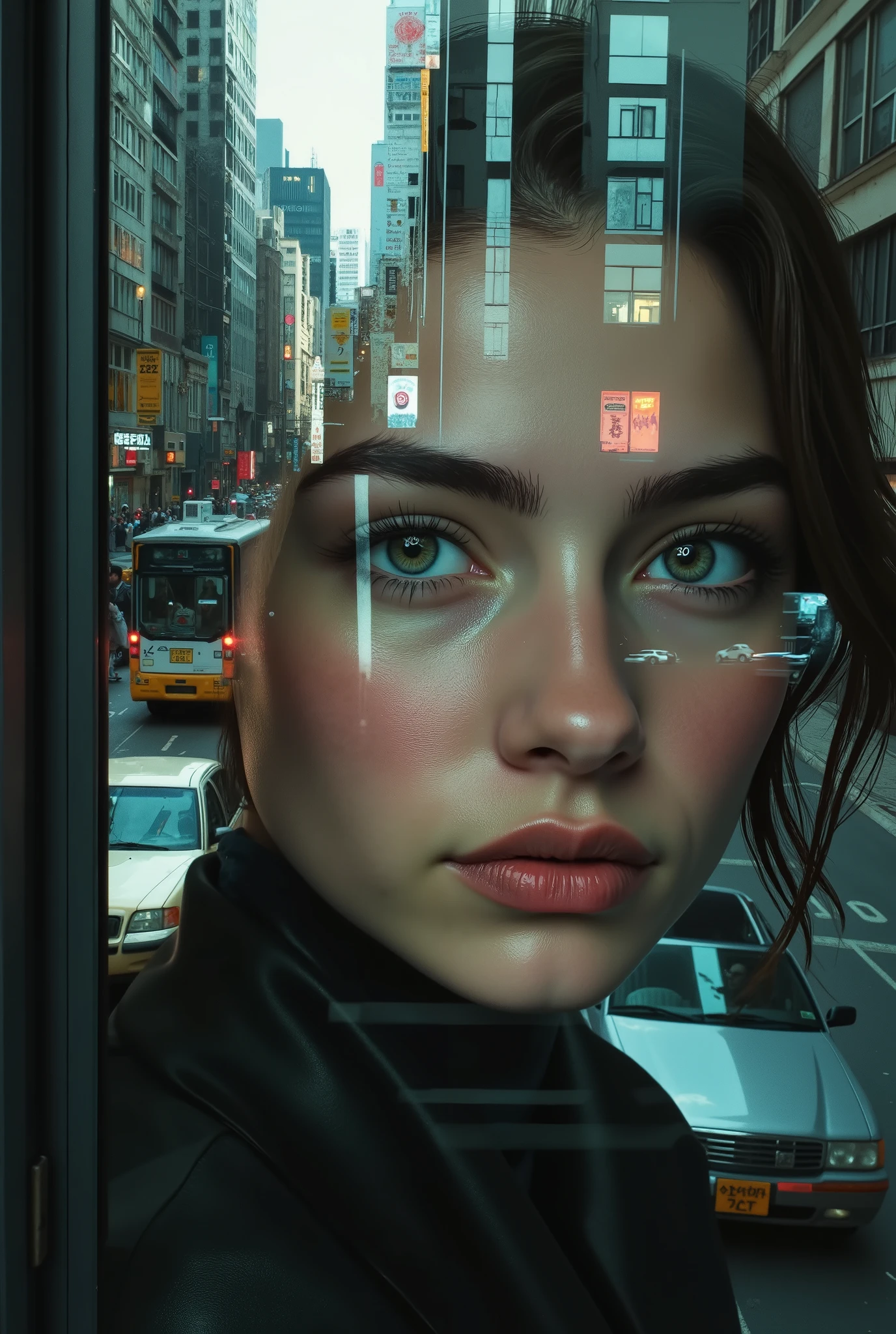 Closeup Girl、Street in the City、Girl through a Window、Realistic Scene Reflected in Glass,