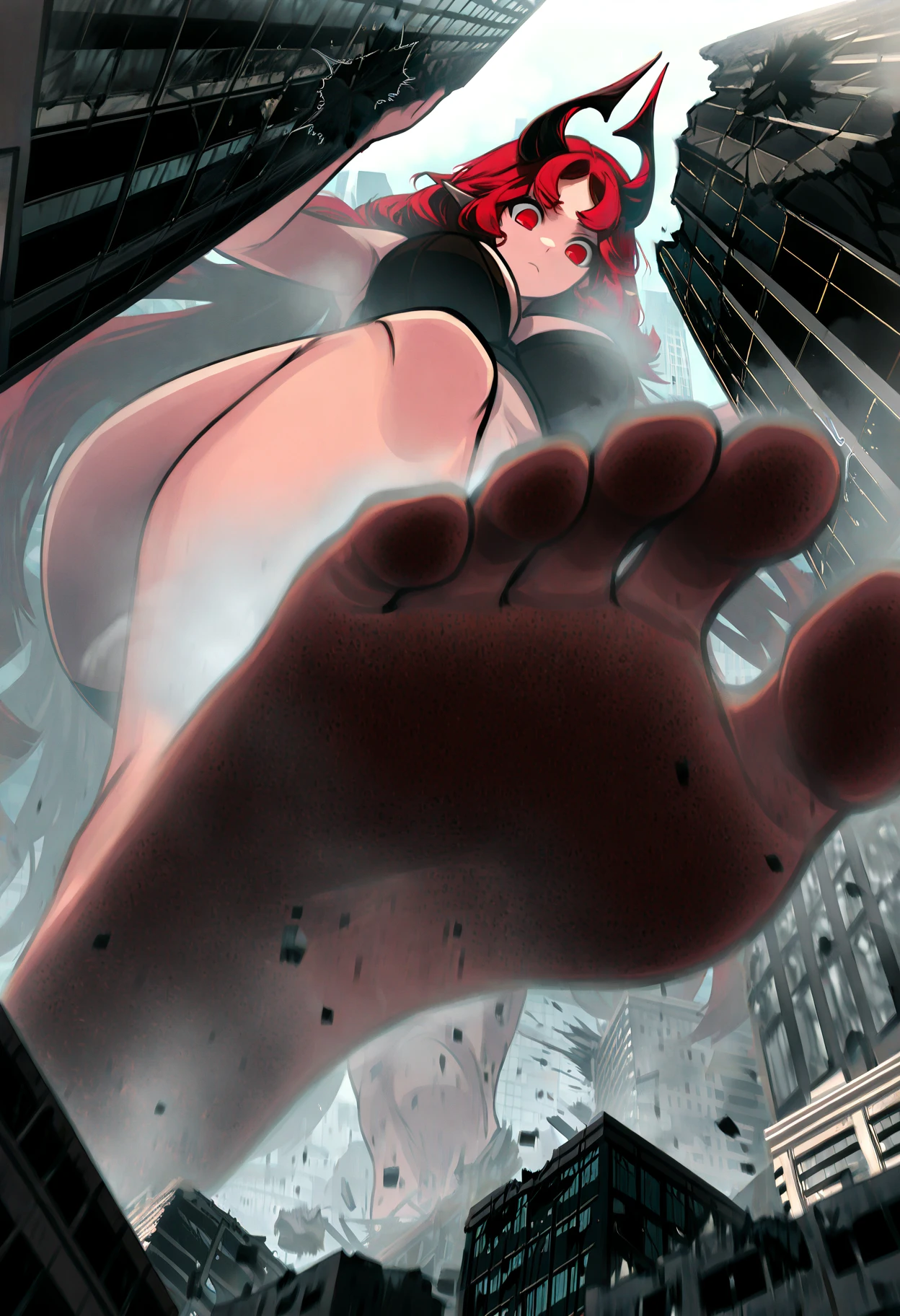 Giantess Invasion、A giant woman is walking、naked、naked体、全naked、Lift your legs、Giant feet crushing buildings、People who get trampled々、blood droplets、huge soles、anime、エロanime、ポルノanime、Looking up at a woman's body from below、Giant woman、smile、blush、Trample a building、Low - Angle、Person looking up at the sky from the ground々、Destroyed City、Flying debris、Black smoke、Sunset sky、Fleeing crowd、Disaster、Nipple details、walk、Red eyes、Black Hair、short hair、Massive acts of vandalism、Destroyed Army、Porn Image、Tanks in battle、shelling、battlefield、The soldiers are fighting、highest quality、High quality、Vibrant、Detailed body structure、Enlarged view、Approaching the portrait、