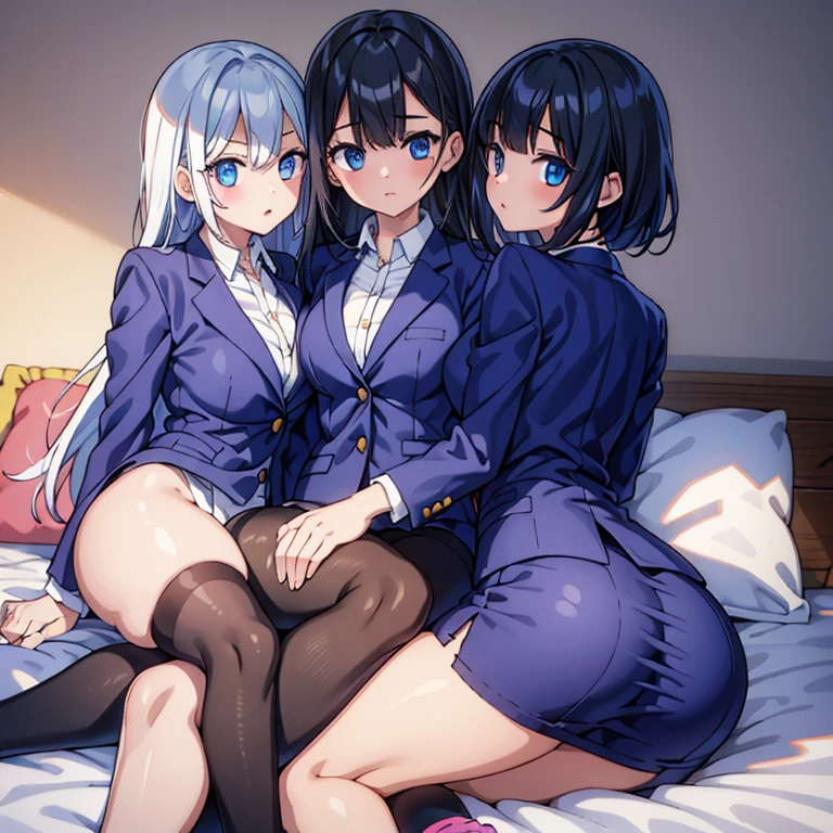 4 Girls with with grey hair, ((fringed and curly hair)),((curly short twintail)), curly hair ,(red eyes), ((small bushy eyebrows)), wearing gothic lolita clothing, lolicon , walking to school, flirty smile,, walking to school, bored look, bored face,, (sitting with legs open lifting her skirt to show her vagina wet with semen),( 4 diferent girls having sex)