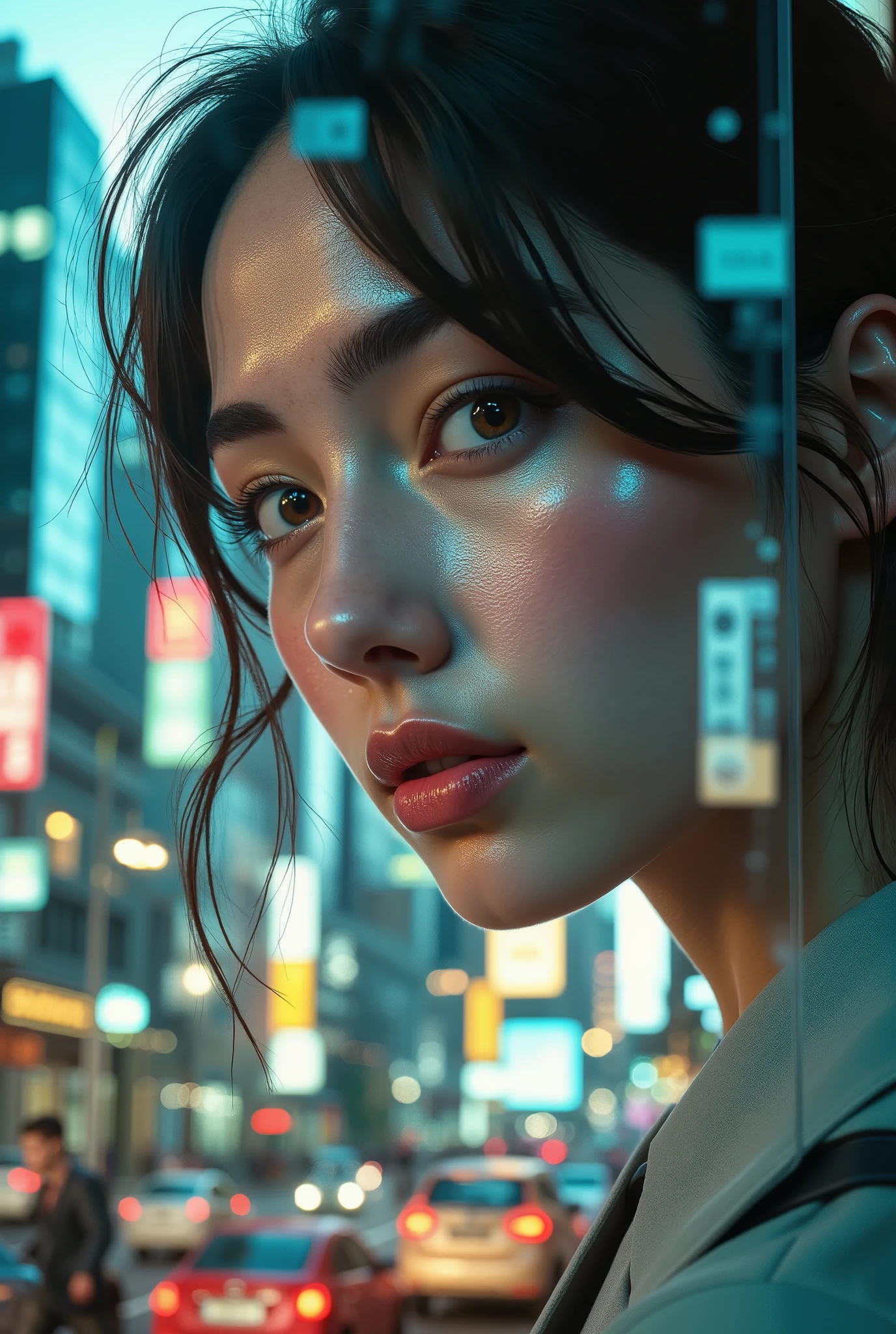 Closeup Girl、Street in the City、Girl through a Window、Realistic Scene Reflected in Glass
