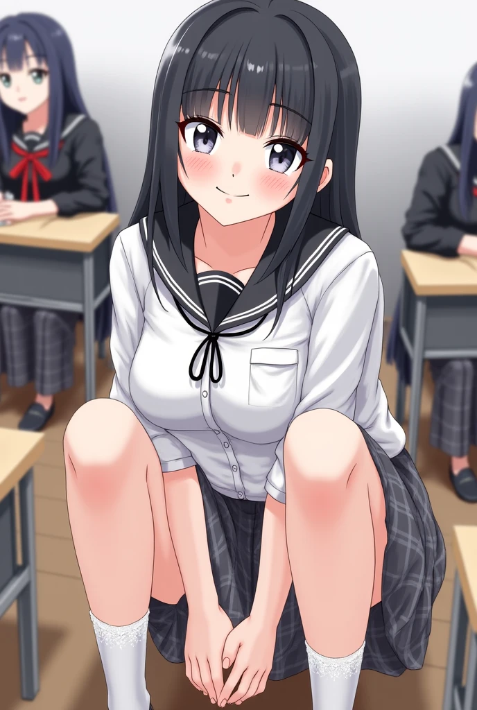 on the train elementary school girl 8-year-old flat chest black hair long hair eyes are purple ((1 person)) Upper half length sleeve white sailor uniform Lower body navy blue miniskirt((White panties are visible)) black socks sneakers sitting on the seat spread your legs a little I can see white panties dynamic angle Low angle from the front