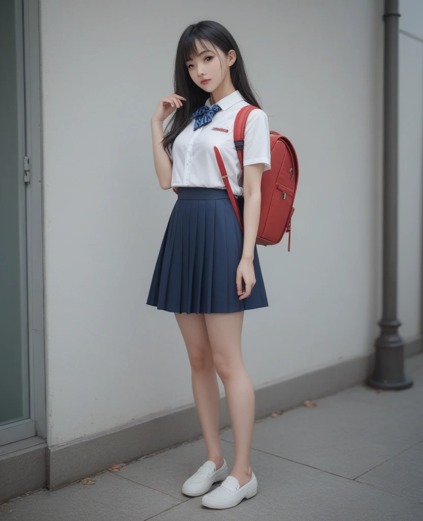 lone woman poses for a photo in a red short skirt and white shirt, Surrealism female students, Realistic , photorealistic anime girl rendering, thigh highs and skirt, 3 d anime realistic, small curvaceous , wearing skirt and high socks,  (carrying a backpack), Photorealistic anime, cute female student, Realistic anime 3 D style, Female Student