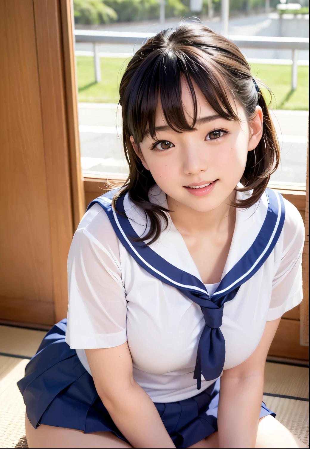 17-year-old girl、whole body、Hands behind the back、(Schoolgirl uniform、Sailor suit、Navy Pleated Skirt、sit in a classroom chair)、Spread your legs、(White panties are visible、camel toe)、Small breasts、(smile、Perfect white teeth)、bangs、Long Hair、Hair Ribbon、(High ponytail、Smooth Hair)、Slim body、Low angle shot、RAW Photos, (Highest quality、masterpiece、Realistic photo:1.2)、(Realistic:1.4)、Dramatic lighting、Bright lighting、Rim Light、Pastel Color Palette、Super detailed、Realistic skin texture、Beautiful eyes in every detail、Brown eyes、(Detailed Background、The background is blurry:1.2)、