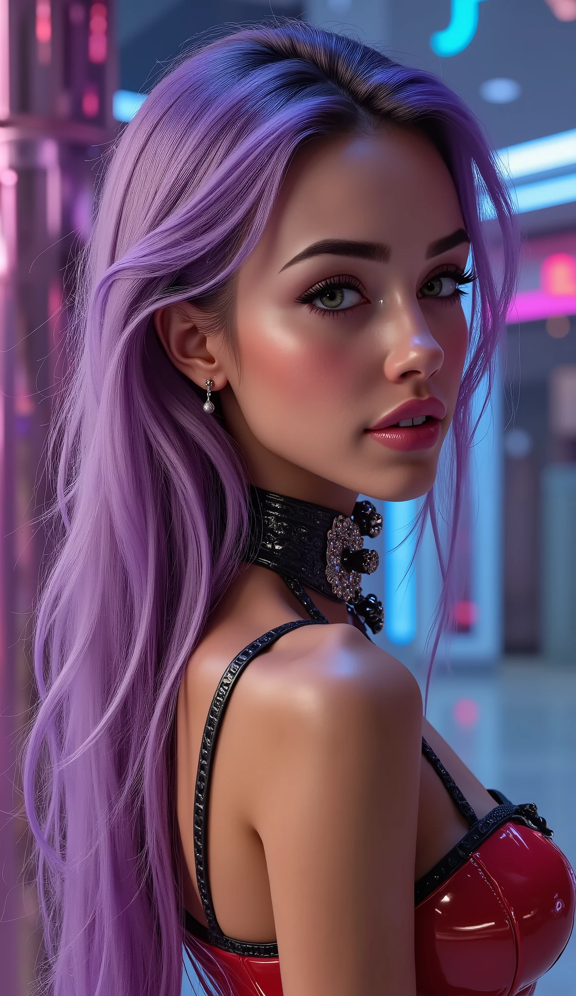  [Style: "masterpiece, realistic, (photo realistic Realism), ultra-detailed, Hyper high resolution"](Key Directive: - ("The priority is the anatomical accuracy and texture of the materials" - "Ultra-sharp human eyes with biological accuracy") {(Long side shot , Full-body shot from a moderate distance:1.5) , editorial head-to-toe shot , Full-figure photo, (ultra realistic texture details: velvety skin, hair), professional photography, (anatomically correct), (perfect female body:1.4), fashion model, elegant and charming, blushing, realistic details and sharp facial features and expressions, (super detailed and shinning purple hairs), (perfect natural breasts), portrait of A 1 Woman:1.4 22yo, (intricately detailed, clear and sharp perfect round realistic brown_eyes:1.33), (droopy eyes), symmetrical lips, light glossy red_lipstick, long eyelashes, (vivid and colorful), (perfect composition), wearing (Luxurious, shiny red latex), [(pleated skirt | Luxury shiny skirt Latex:1.2)] and details such as [((lace|white:1.29))], [(mesh stockings|black:1.33)] and [((garters|black))] ((silver belt|chain)) (((small tight laced corset:1.3)) with gold cord: 1.3]], ((Beautiful long legs:1.35)) , medium ass , ((layer cut: 1.34)), ((Whitens skin slim face)), slim belly: 1.2 } The attention to detail, satisfaction smile, gorgeous appearance, electrifying appearance, (Dynamic pose: 1.2), ((sharp focus)) (oiled skin), ((background psychedelic fairy tale)), (Rendering engine: "Unreal Engine 5 path tracing, 16K texture maps"), The ultra-Highres,Unreal 5,Subsurface scattering,Maximum Sharpness and Sharpness,perfectly proportions,Octane rendering, white balance, The rule of thirds,