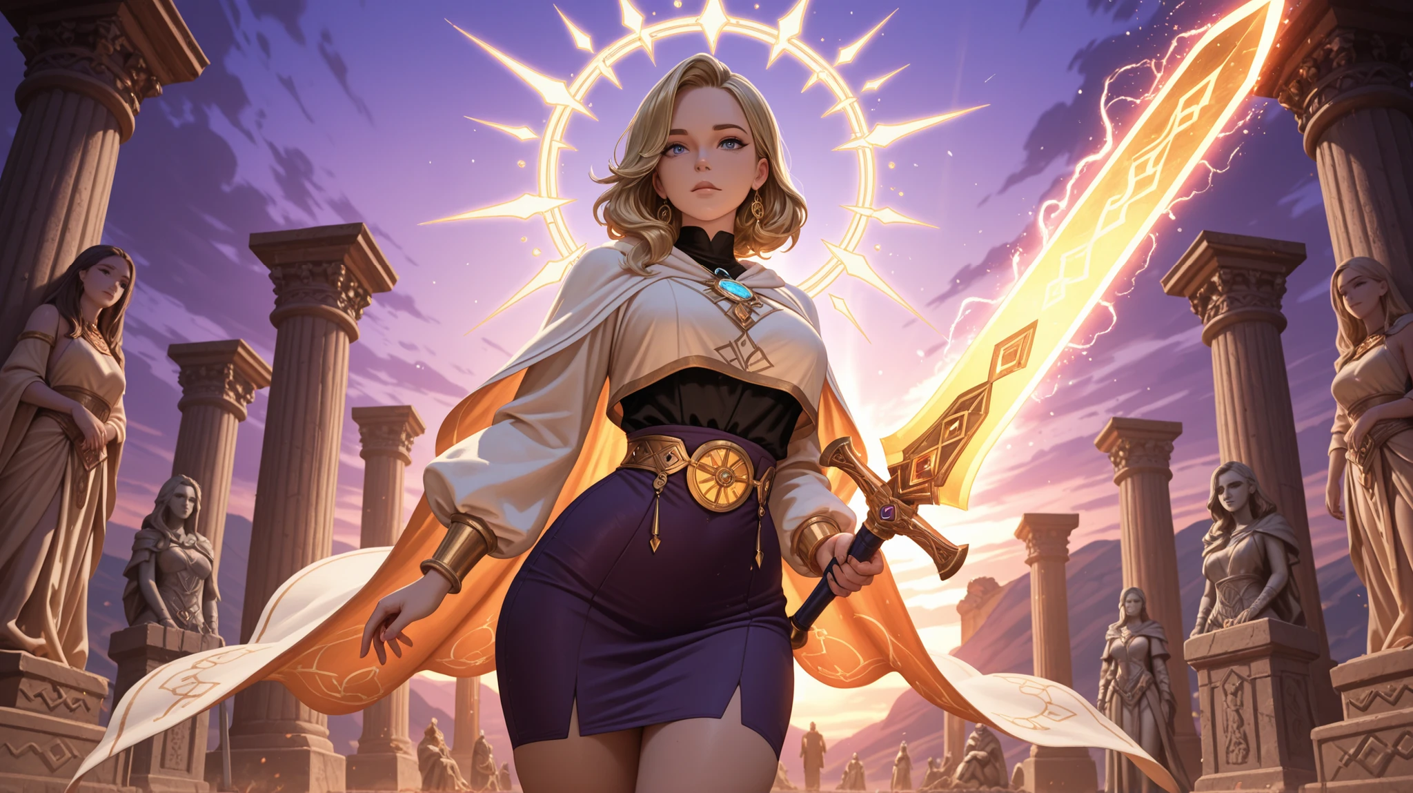 (masterpiece:1.2), (best quality:1.2), perfect eyes, perfect face, perfect lighting, 1girl, mature female white mage casting a holy spell, medium blonde hair, pompadour cut, whm_glam, robe, belt, straps, necklace, earrings, tiara, wizard hat, detailed background, concentration, makeup, eyeshadow, thick eyelashes   <lora:whiteMageFashion_v10:0.3>