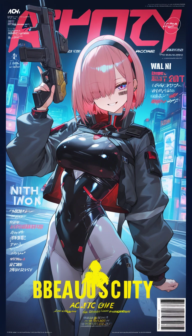 sexy cyborg,magazine cover,poster art,hint of neon vibrant,bold huge text,film grain,high-quality printing,detailed metallic arm,glowing robotic eyes,sexy pose,vivid colors,sci-fi concept,strong shadows,cityscape background,high fashion attire