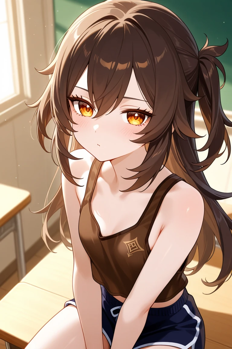 girl, nanashi mumei, single thighhigh, ponytail, very long hair, hairclip, feathers, casual outfit, black shirt, oversized shirt, off shoulder, bare legs, confident, smug, smile, open mouth