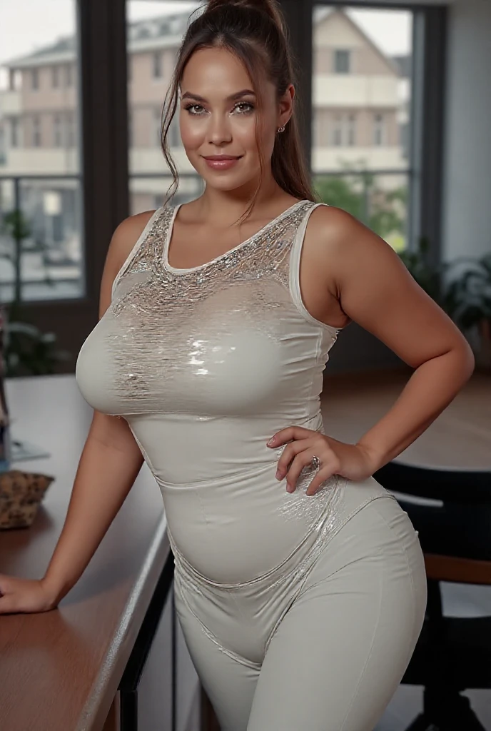 Lucy Pinder, white skin, 40 years old, brown hair, long thick ponytail hair, minimal make-up, natural skin, hyper realistic skin, full body photograph, seductive pose, medium size breast, hard nipple, pokies, naturally breast, simple necklace, in the kitchen, wearing loose apron, sitting on the counter top, spread legs