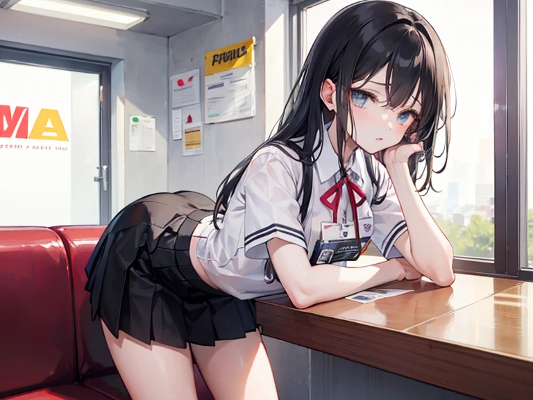 NSFW, 1 woman, , ((long haircut)), black eyes, Indonesian high-school uniform, white shirt, osis logo on shirt pocket, flat breasts, grey pleated skirt, half-shot, innocent look, hands up, sitting, knees up, white panties, spread legs