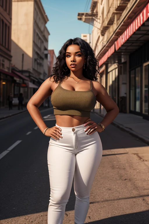(best quality, highres, ultra-detailed), realistic, portrait, Brazilian mature curly-haired busty lady, standing in the middle of traffic, looking up at an alien invasion, dressed in green ripped booty shorts, yellow Brazilian flag tight crop top tied in the front, vibrant colors, natural lighting.