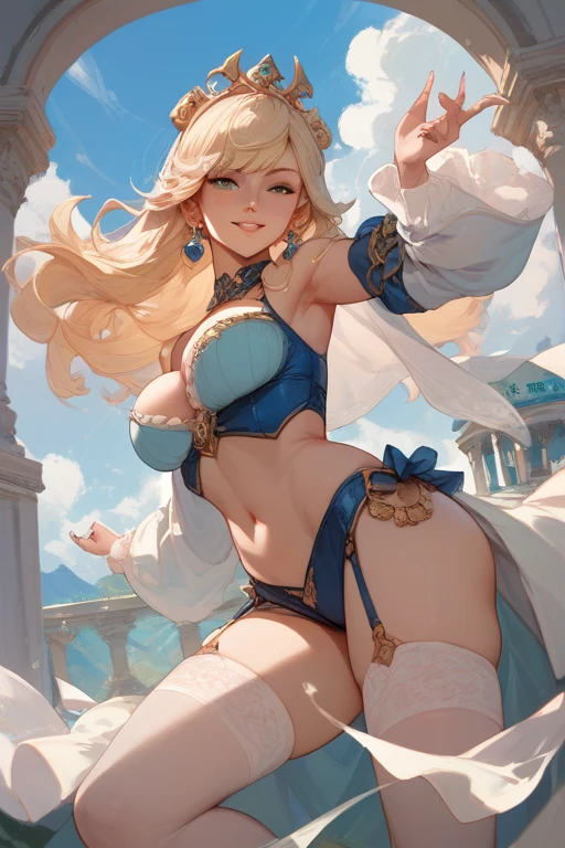 full body, an elf with long ponytail curly blonde hair, red lips, bright blue eyes, giant breasts, round ass, sexy body, wearing a transparent odalisc traditional dress, on one side at sunset, with a metal collar around his neck and something in his mouth