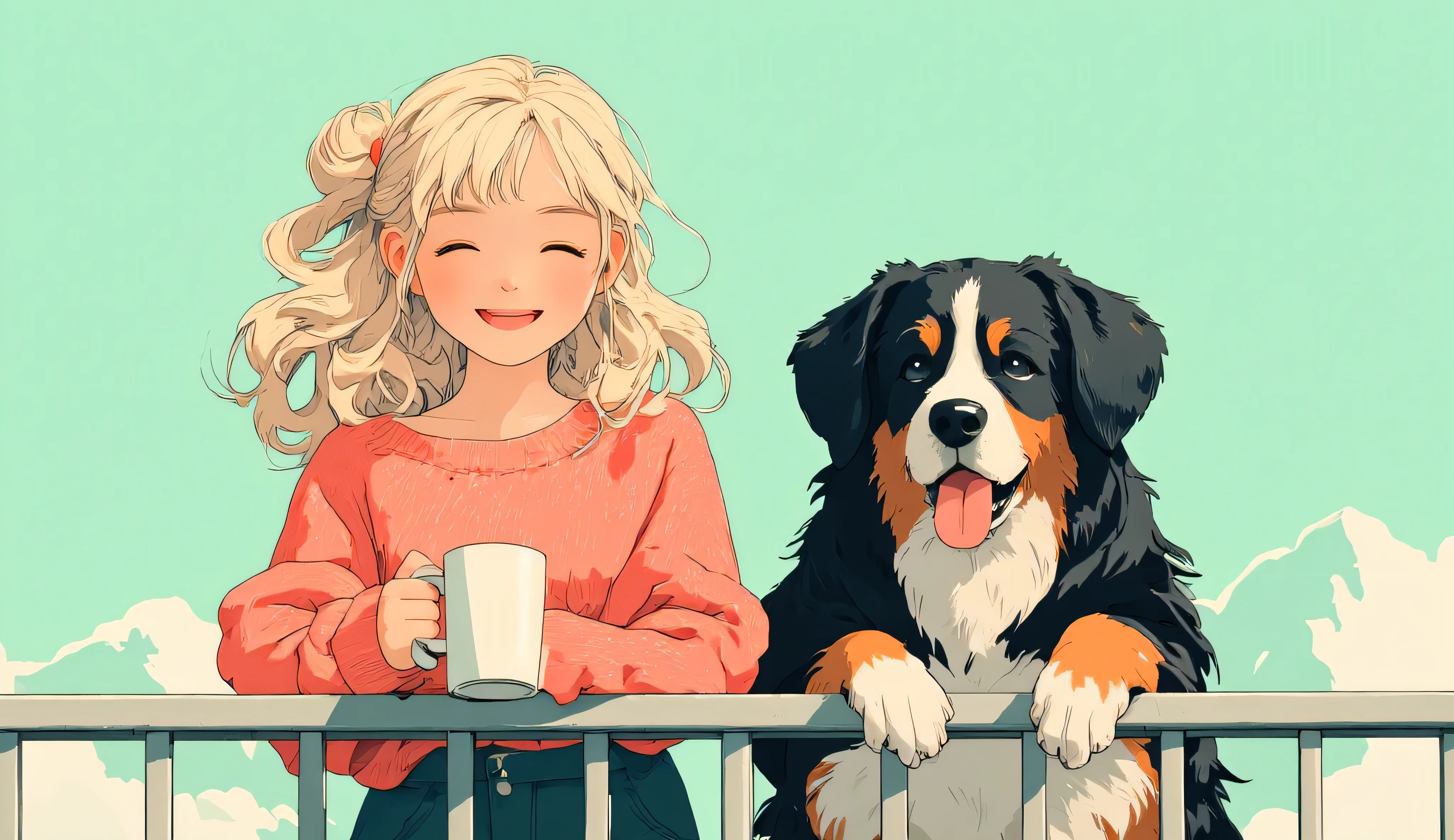 Anime-style illustration, 16:9 wide shot designed for a YouTube end screen. A cheerful 25-year-old blonde woman with soft wavy shoulder-length hair in a low messy bun leans on a balcony rail at the bottom of the frame, holding a mug, big smile with eyes closed. She wears a coral knit sweater and high-waisted shorts. Her Bernese Mountain Dog leans beside her with front paws on the rail, tongue out and warm eyes at the camera. The dog has thick black fur, a white snout blaze, and distinct tan markings. Background: clean soft mint green (#b9fbc0) with distant mountain silhouettes, anime style, no text.