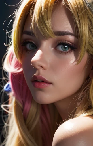 highly detailed, seductive erotic female is sweating, covered in rose pedals, (busty, pink/blue hair), centered on the face, face focused, intricate eyes,