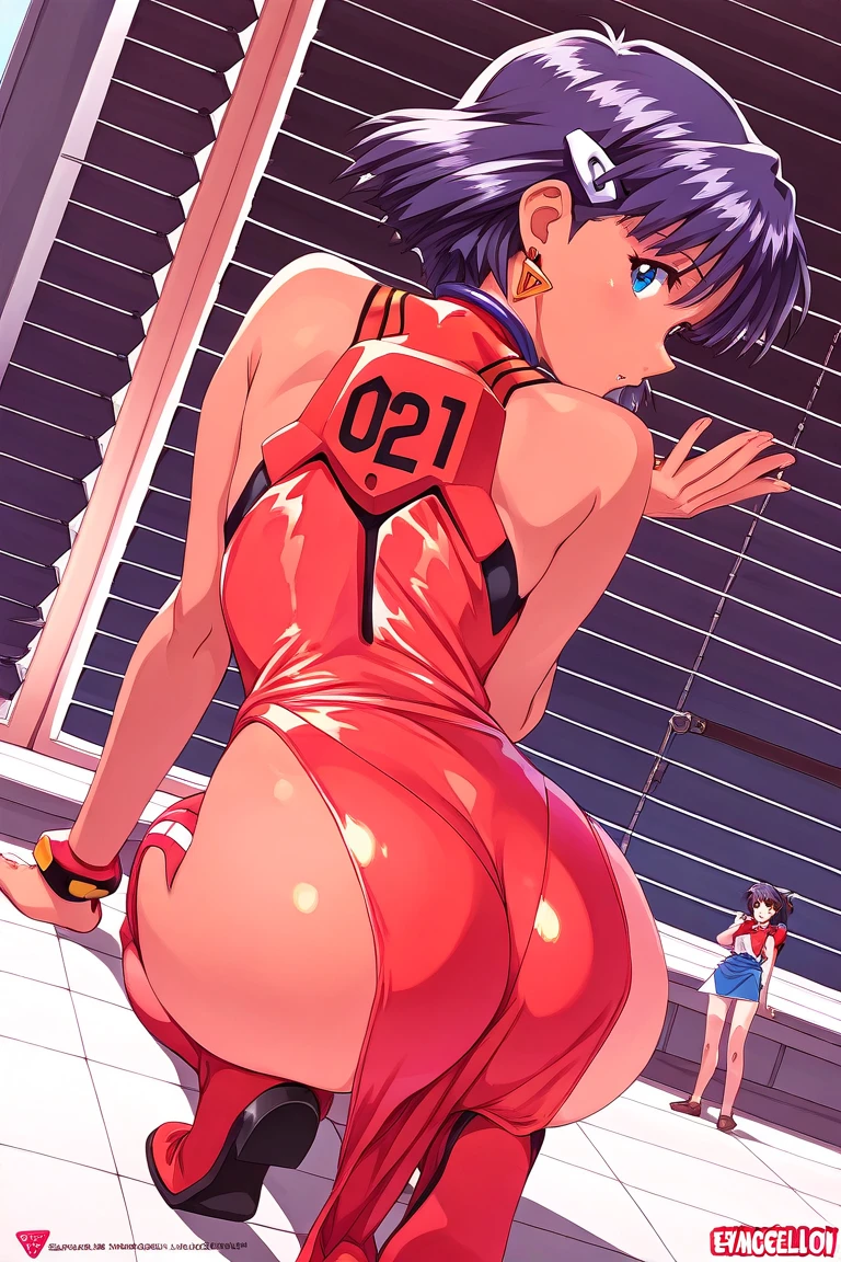 A beautiful woman with short hair, big breasts and beautiful legs is standing by the pool with her legs spread apart in a bright pink high-cut competitive swimsuit with the arena logo on it.。From behind and below。
