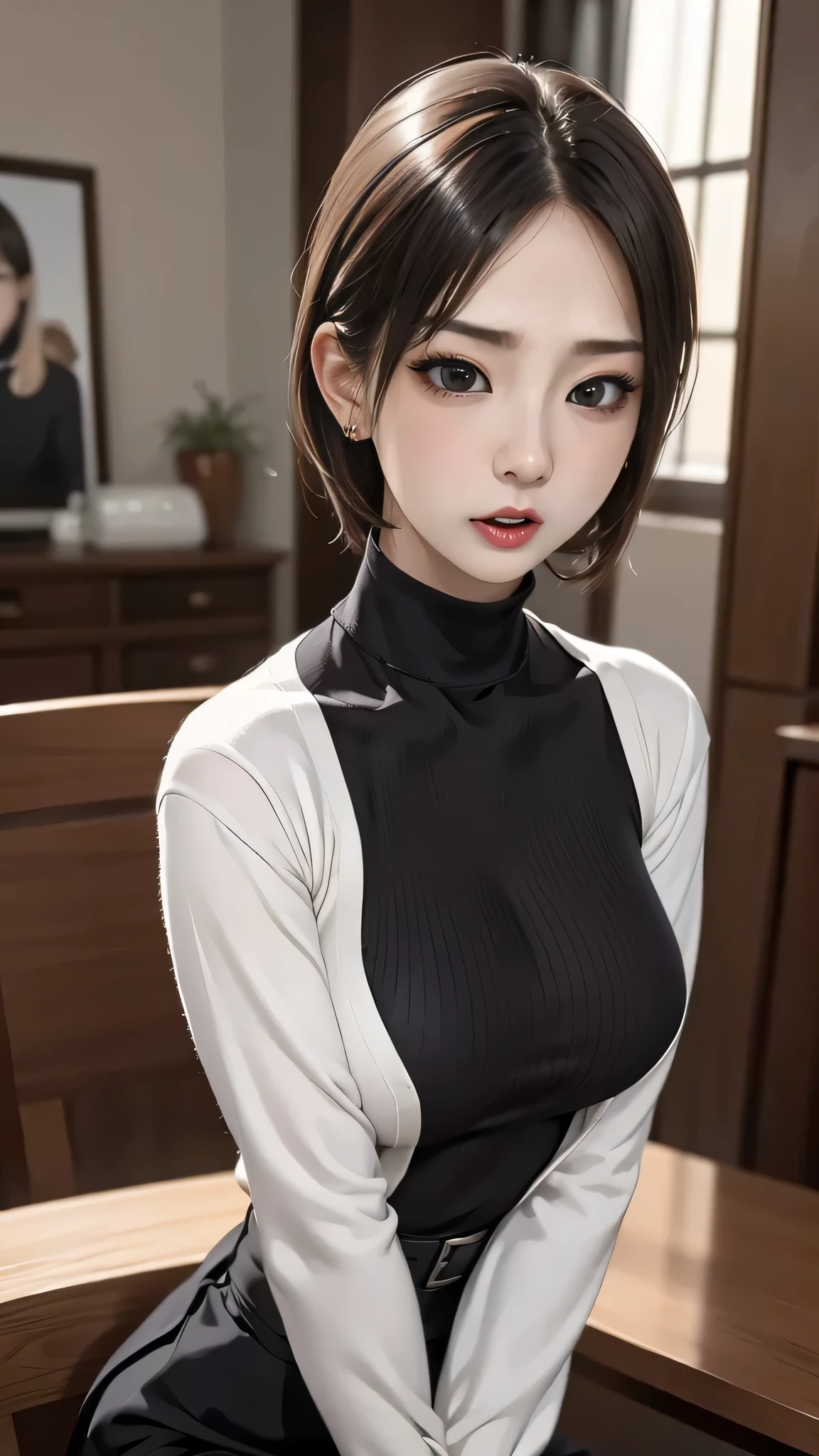 ((Biologically correct limb count))、(( Illustrations including faces))、4K、Masterpiece、((Focus on the face))、((Symmetrical, well-proportioned facial features))、Eyes with delicate depictions、Beautiful woman、Outstanding style、Slender Body、(shirt、High heeledium long skirt)))、On the carpet、((Upper body close-up))、(Looking up、Shy、smile)、((Model appearance))、high school girl、Absolute area、