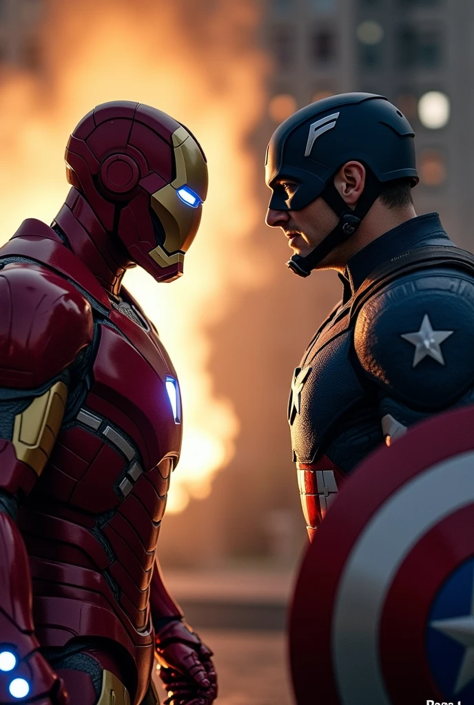 Iron man and captain America fighting on a dark background, Captain America's shield above, at night