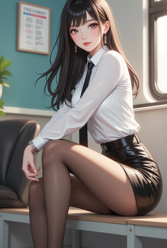 a masterpiece of, beste-Qualit, Hi-Res, Ramius 1, 1girl in, 独奏, (Black_pantyhose:1.1), military outfits, Military, makeup, white shirt, White skirt, tight skirts, spaceships, Indoors,、Open both legs、camel's toe、mini-skirts、White underwear