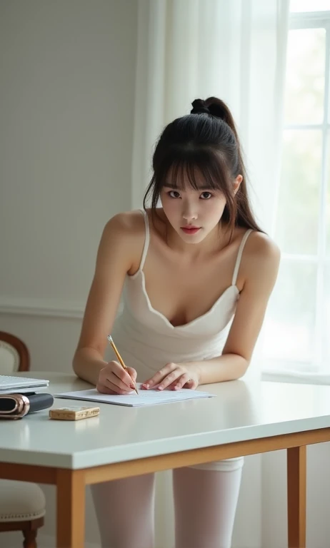 (((best quality))),(((ultra detailed))),(((masterpiece))),illustration,((1 beautiful girl, college student,solo)),((slim,thin,small breasts,flat chest)),(short ponytail:1.2),(strapless bra:1.2), studying, books, dormitory, summer afternoon, sky, gloomy shadow, bed, wooden desk, bookshelf, soft warm light, lamp, gentle glow, almond-shaped eyes, textbooks, daydreaming, beach, cities, vacation, smile, pen, highlighting, notebook, dates,cushion, portable fan, soothing breeze, summer heat, herbal tea, thirst, potted plants, greenery, vibrant leaves, cozy atmosphere, determined expression, excel exams, summer break, intelligence, determination, achieve goals,((from front,close-up of face))