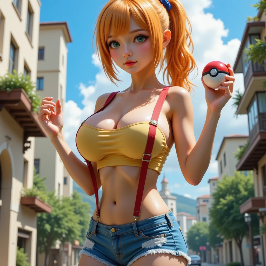 1girl, between breasts, crop top, cleavage, pikachu, shorts,, masterpiece, best quality, highly detailed --auto