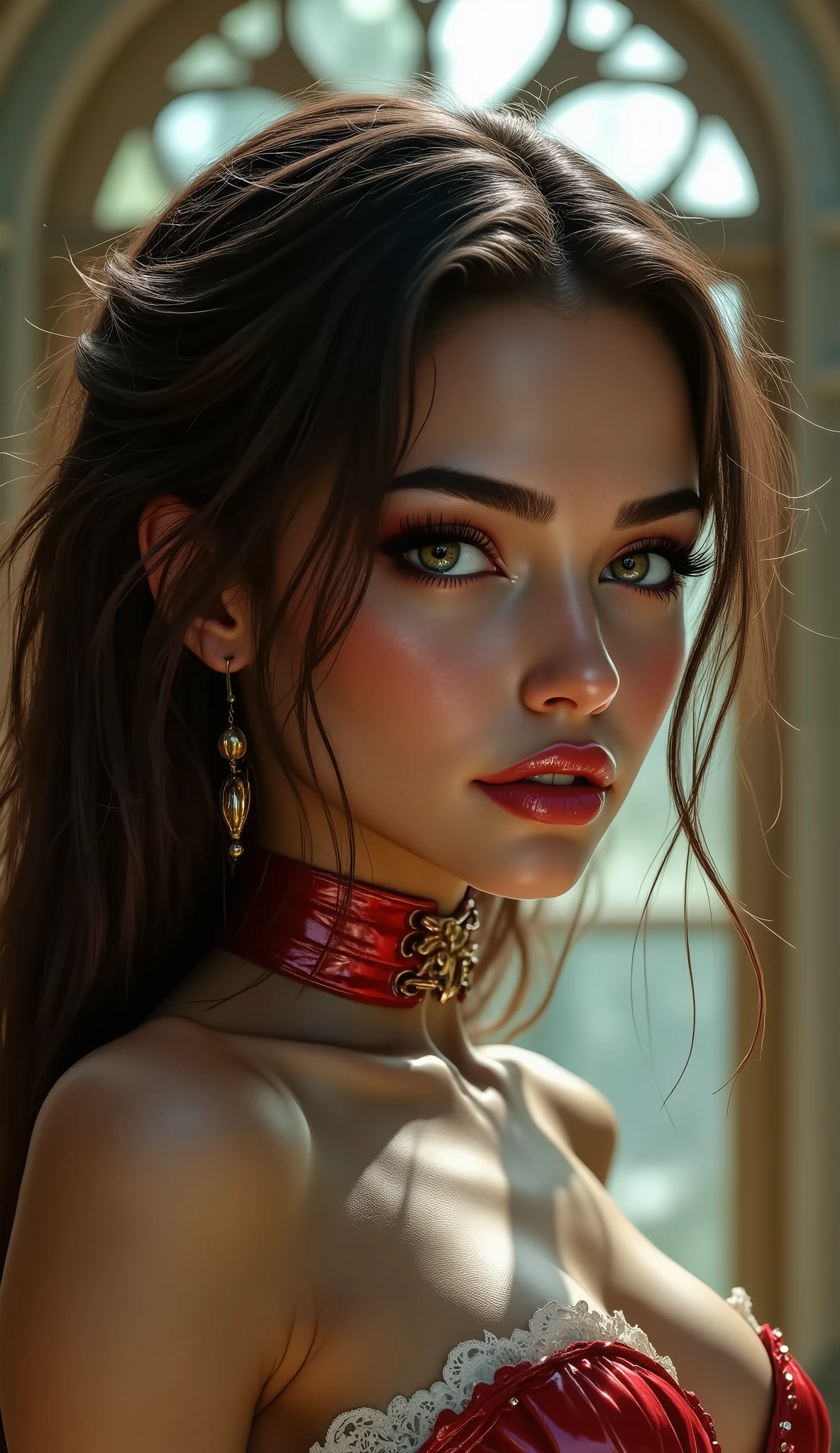  [Style: "masterpiece, realistic, (photo realistic Realism), ultra-detailed, Hyper high resolution"](Key Directive: - ("The priority is the anatomical accuracy and texture of the materials" - "Ultra-sharp human eyes with biological accuracy") {(Long side shot , Full-body shot from a moderate distance:1.5) , editorial head-to-toe shot , Full-figure photo, (ultra realistic texture details: velvety skin, hair), professional photography, (anatomically correct), (perfect female body:1.4), fashion model, elegant and charming, blushing, realistic details and sharp facial features and expressions, (super detailed and shinning pink hairs), (perfect natural breasts), portrait of A 1 Woman:1.4 22yo, (intricately detailed, clear and sharp perfect round realistic brown_eyes:1.33), (droopy eyes), symmetrical lips, light glossy red_lipstick, long eyelashes, (vivid and colorful), (perfect composition), wearing (Luxurious, shiny red latex), [(pleated skirt | Luxury shiny skirt Latex:1.2)] and details such as [((lace|white:1.29))], [(mesh stockings|black:1.33)] and [((garters|black))] ((silver belt|chain)) (((small tight laced corset:1.3)) with gold cord: 1.3]], ((Beautiful long legs:1.35)) , medium ass , ((layer cut: 1.34)), ((Whitens skin slim face)), slim belly: 1.2 } The attention to detail, satisfaction smile, gorgeous appearance, electrifying appearance, (Dynamic pose: 1.2), ((sharp focus)) (oiled skin), (background psychedelic fairy tale), (Rendering engine: "Unreal Engine 5 path tracing, 16K texture maps"), The ultra-Highres,Unreal 5,Subsurface scattering,Maximum Sharpness and Sharpness,perfectly proportions,Octane rendering,