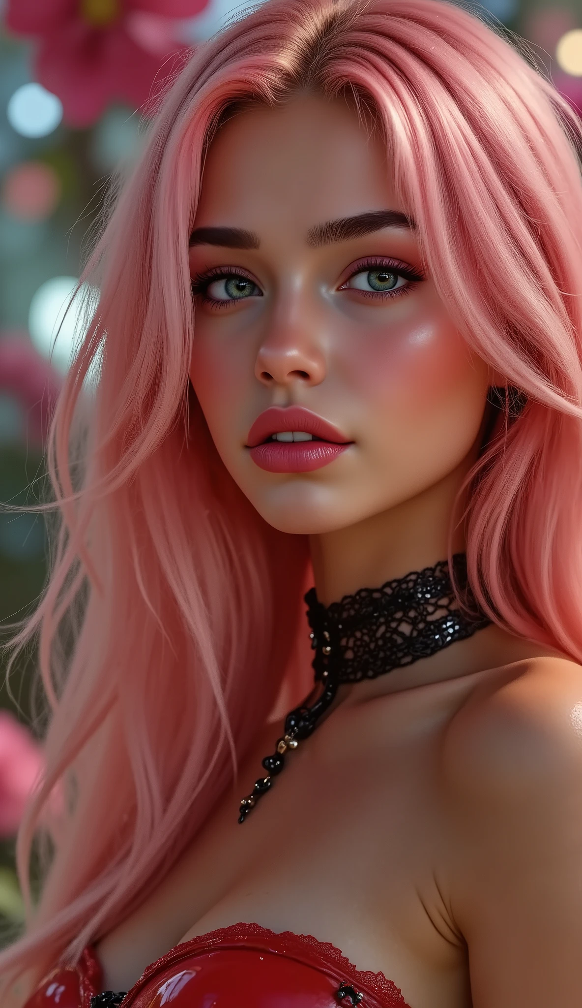  [Style: "masterpiece, realistic, (photo realistic Realism), ultra-detailed, Hyper high resolution"](Key Directive: - ("The priority is the anatomical accuracy and texture of the materials" - "Ultra-sharp human eyes with biological accuracy") {(Long side shot , Full-body shot from a moderate distance:1.5) , editorial head-to-toe shot , Full-figure photo, (ultra realistic texture details: velvety skin, hair), professional photography, (anatomically correct), (perfect female body:1.4), fashion model, elegant and charming, blushing, realistic details and sharp facial features and expressions, (super detailed and shinning pink hairs), (perfect natural breasts), portrait of A 1 Woman:1.4 22yo, (intricately detailed, clear and sharp perfect round realistic brown_eyes:1.33), (droopy eyes), symmetrical lips, light glossy red_lipstick, long eyelashes, (vivid and colorful), (perfect composition), wearing (Luxurious, shiny red latex), [(pleated skirt | Luxury shiny skirt Latex:1.2)] and details such as [((lace|white:1.29))], [(mesh stockings|black:1.33)] and [((garters|black))] ((silver belt|chain)) (((small tight laced corset:1.3)) with gold cord: 1.3]], ((Beautiful long legs:1.35)) , medium ass , ((layer cut: 1.34)), ((Whitens skin slim face)), slim belly: 1.2 } The attention to detail, satisfaction smile, gorgeous appearance, electrifying appearance, (Dynamic pose: 1.2), ((sharp focus)) (oiled skin), ((background psychedelic fairy tale)), (Rendering engine: "Unreal Engine 5 path tracing, 16K texture maps"), The ultra-Highres,Unreal 5,Subsurface scattering,Maximum Sharpness and Sharpness,perfectly proportions,Octane rendering, white balance, The rule of thirds,