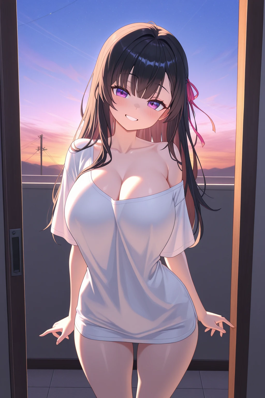 Kawakami_mai, 1girl, solo, solo focus, dynamic pose, sexual pose, bent over, leaning forward, pleated_white_skirt, hanging breasts, leaning towards viewer,