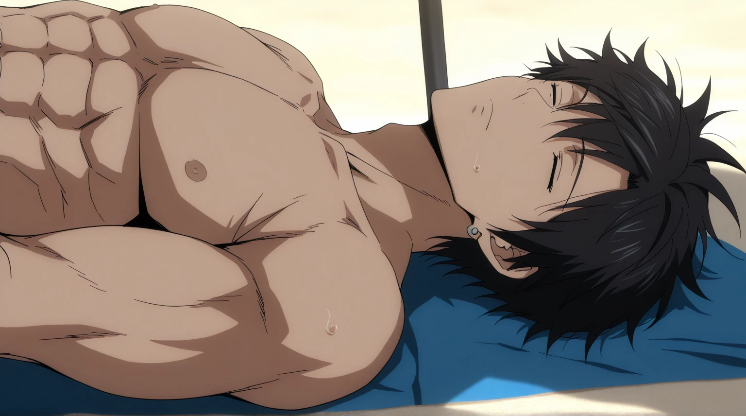 Highres, Masterpiece, Best quality at best,Best Quality,hight quality, hight detailed, anime style, (1 boy)、Men with short hair, (showing his muscle), (shirtless, topless, bare chest), black hair, without cloth, wearing black pants, lying on bed, close eyes, sleeping