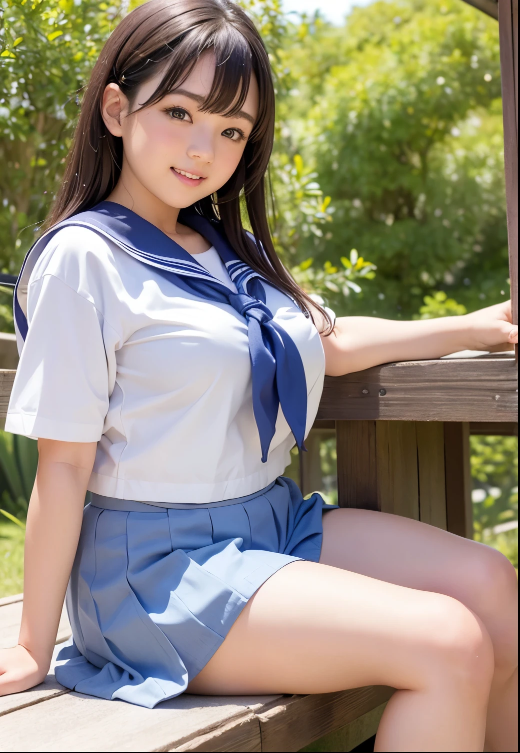 Pure Japanese school girl, sexual attractive, outstanding body, beautiful legs, shiny white skin, wearing loose uniform, panty, natural ponytail, sweet smile, sitting, refreshing in early summer morning, composition from the front,