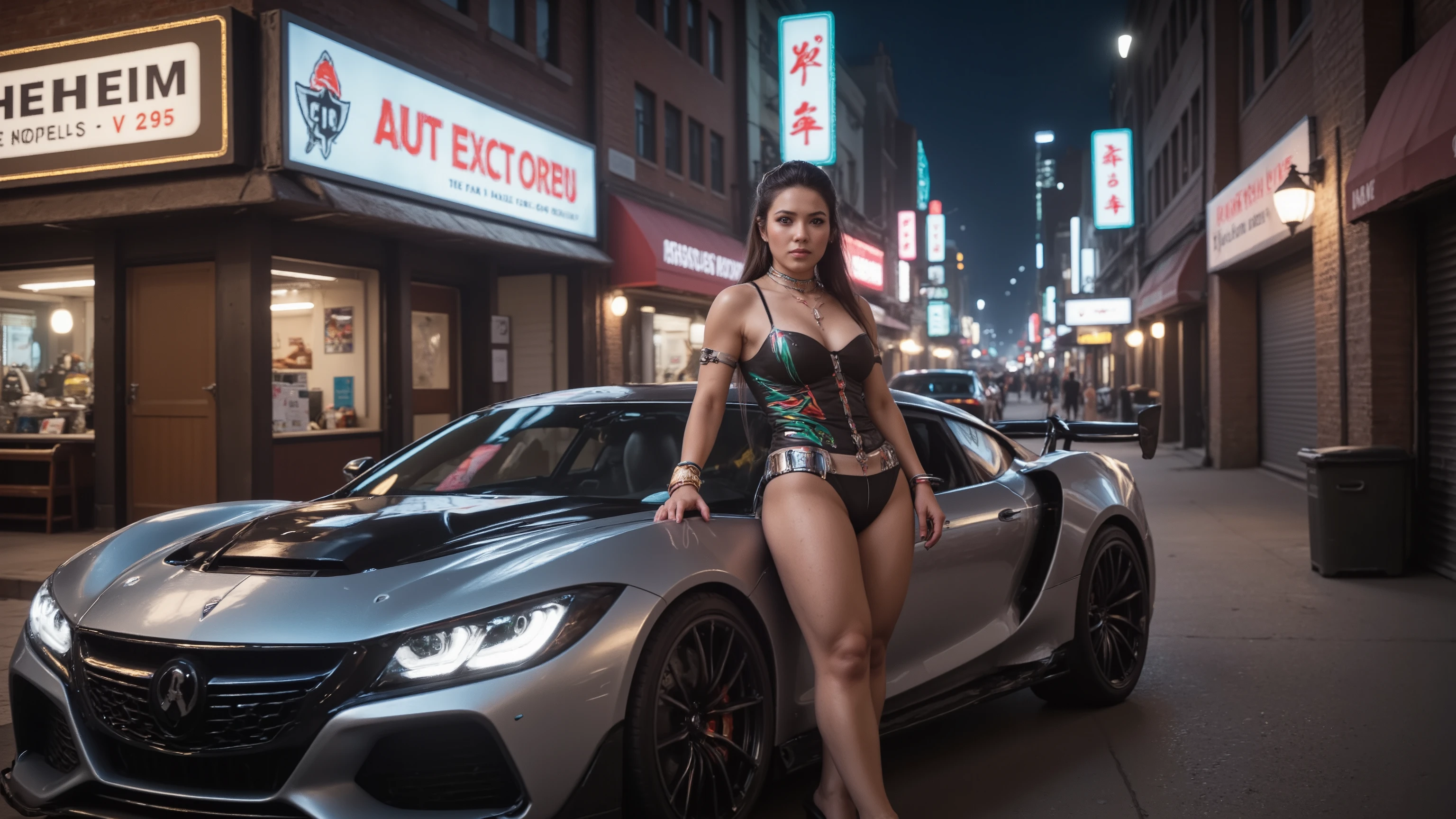 A photo of a young woman standing in a western futuristic city, posing, leaning on a futuristic sports car (the car's brand name is "Helheim" and the car's model name is "v2.95"), at night. She wears a futuristic outfit (adorned with intricate neon), high-heels and intricate rich jewellery. Her hair is beautifully styled. She has an highly defined body, highly defined muscles, extremely detailed realistic natural skin with skin pores, shiny skin, perfect hands, perfect eyes, ultra detailed body, ultra detailed face, ultra detailed feet, ultra detailed hands, ultra detailed eyes. Autumn, wind, horizon, sharp light and shadows, sci-fi, cityscape, panorama. Breathtaking attention to details, neon lights, RAW photo, photorealistic, ray tracing, UHD, DSLR, 16K, HDR, cinematic, masterpiece, award winning.