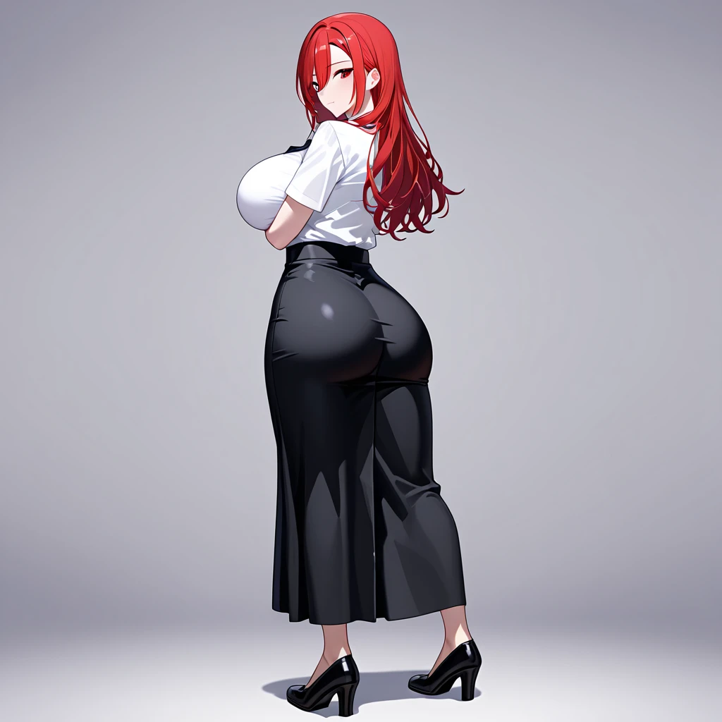 a tall woman huge big breast happy sexy beauty tenderness red hair two long wavy braids her light red eye big black eyelash she wears a white shirt underneath a short black vest shows her navel and shiny black pants wearing a black belt blue boot, anime