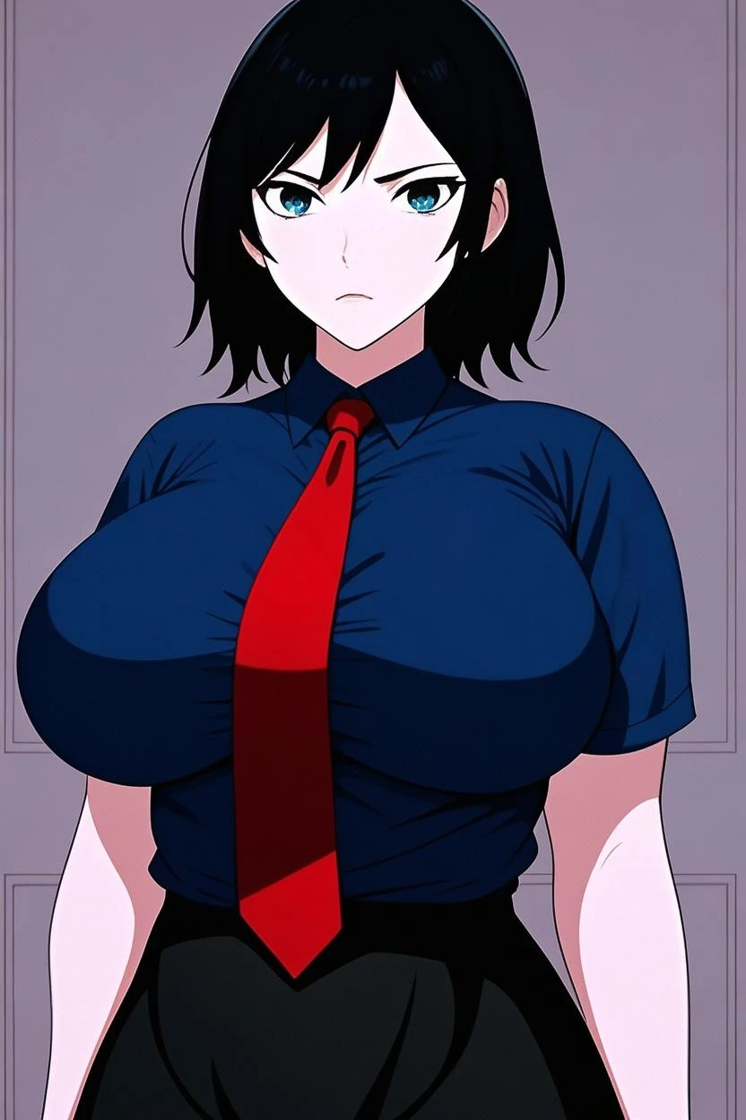 Cute girl, short hair, wearing a formal suit, Tie, big chest, sexy, lipstick, Smiling face, beautiful eyes, black hair, Hair neat and combed, red (X) behind she, Combat stance,X, Cat ears, cat collar, cat tail, cat,meow, full body,
