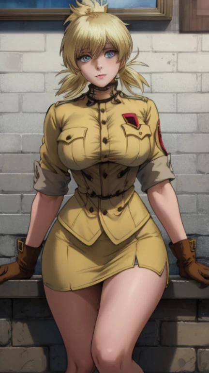 Hellsing Ultimate, Seras Victoria, 1girl, ((bimbo))), spikey blond hair, Blue eyes, cute smile face, puffy lips, thick lips, wide hips, thick thighs, enormous round breast, huge round ass, oily shiny skin, breasts squeezed together, too small red police uniform, posing, close up