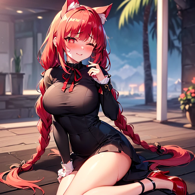 masterpiece, best quality, suzukaasc1, foxears, white shirt, hakama, red skirt, wrist scrunchie, fox tail, looking at viewer, blush, knee highs, smile, white socks woman 24 years old