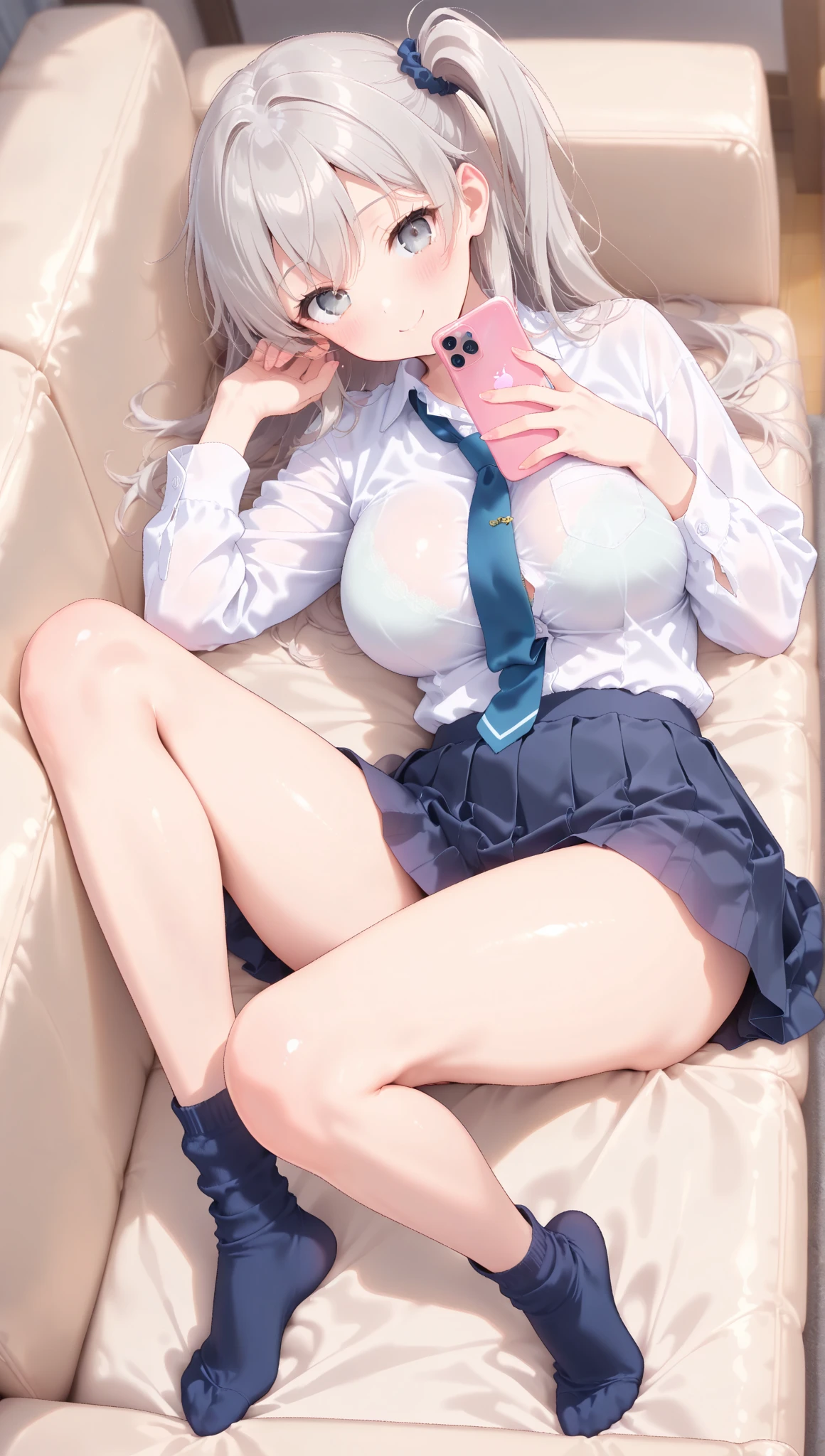High school girl with silver hair ponytail、Green plaid skirt、white blouse and green tie、white stockings、White garter belt、5-Fingers、Ecstatic look、red blush、no panties,no bra,pussy juice,pussy,vagina、(touch the clitoris)、(pussy juice)、a bed、(Open your crotch)、fullnude