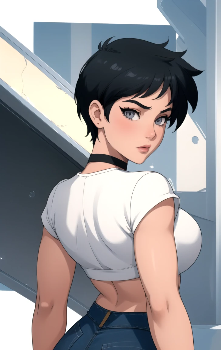 Create a digital anime-style image of a young woman with a modern, brunette, hair cut side shaved head, eyes blue, lips atractive, beatiful fitness of her body. edgy appearance standing confidently in a dimly lit room with a cyberpunk aesthetic. The woman should tight small suit cyberpunk, sample legs and foot, legs open frontal bedroom, styled hair with vibrant colors, The room cyber high details. hair over 1 eye, cute nose, biting lip,seductive,white choker, pink lips, freckles, large breasts, pretty girl