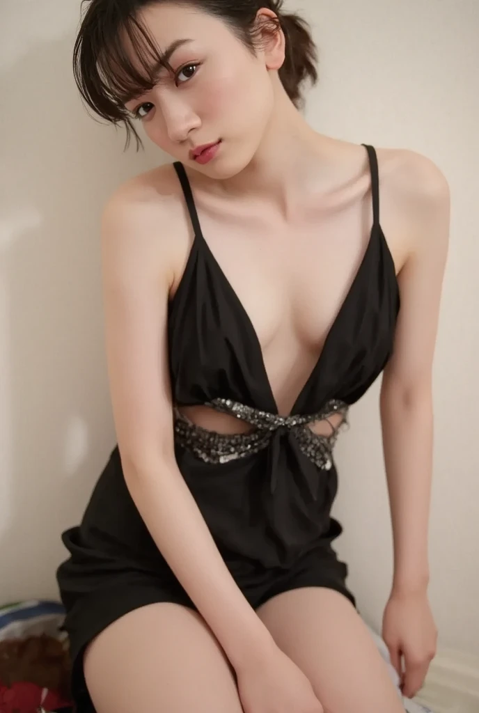 (highest quality, 8k, 32k, masterpiece, Ultra-high resolution:1.2),Beautiful Japanese Women Photos, Big Breasts, Very short bob hair,Upper Body,Face Focus,Extra Large_sweater, necklace, background, From above, View Viewer,