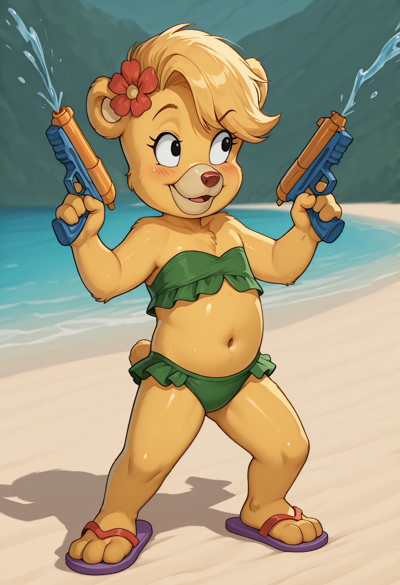 score_9, score_8_up, score_7_up, (masterpiece, best quality, very aesthetic, absurdres, source furry, artist:sakura, shaded,) 1girl, bear, furry female, Sunni Gummi, young, black eyes, smile, blush, blonde hair, messy bangs, bear features, bear ears, bear tail, yellow body fur, red animal nose, ((flower on hair, green bundeau strapless frilly bikini, flip flops)), beach on background, sassy face, anime style, glistering body, navel, shiny body, oily skin, sexy, full body, feets with three toes, action stance, holding weapon, water pistol, confident, raised eyebrow, ready to fight,