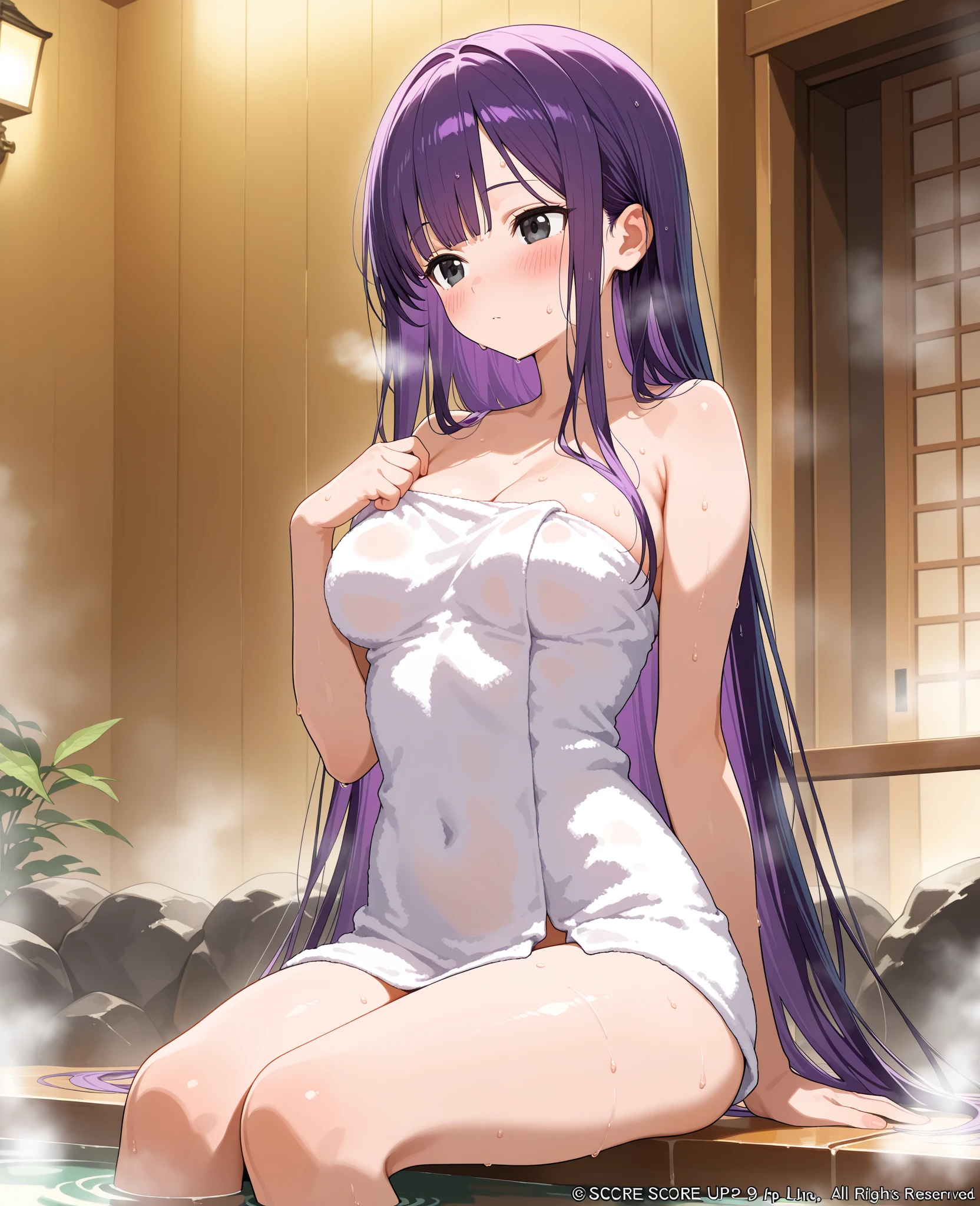A Looks sickly girl from a Japanese nobility. 1940s with wet raven hair and light purple eyes,nsfw compuletely nude,Hinoki bath in the mansion