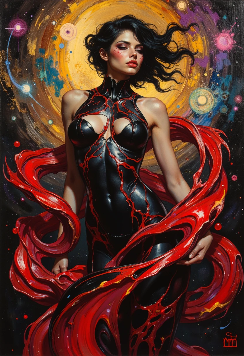 The sexy and dark art of seduction (art inspired in Bill Sienkiewicz). oil painting) (best quality,4k,8k,highres,masterpiece:1.2),ultra-detailed,(realistic,photorealistic,photo-realistic:1.37),intricate details,vivid colors,sharp focus,professional,Dave McKean artwork, oil touch of surrealism,oil painting style
