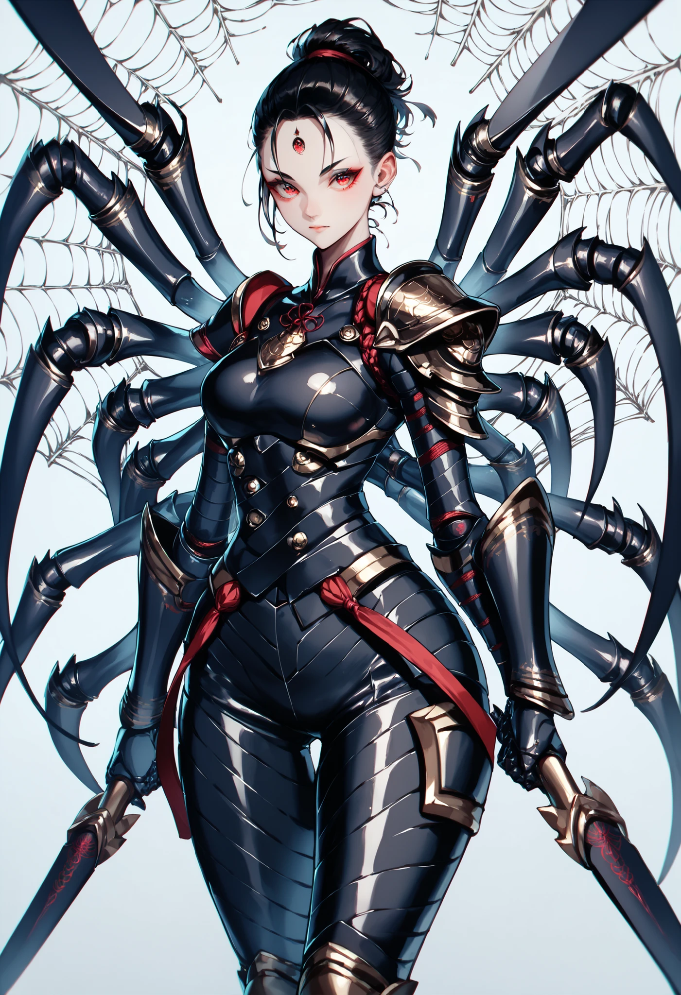 Samurai Girl. Forehead guard. Black hair. Tied back hair. Red eyes. Multiple eyes. Japanese armor. Multiple arms. Dual wielding. Spider web costume. Insect legs. Spider-fused armor. Biological armor.