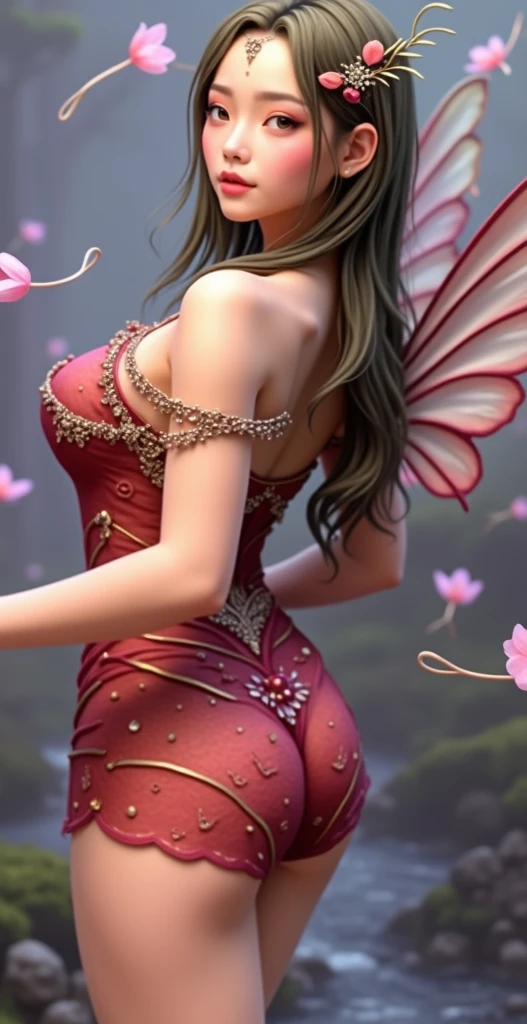 fairy tale, 
Back view、(RAW Photos、Realistic、Super detailed)、(High resolution:1.37)、(masterpiece、Highest quality、8k)、(Ultra-Details)、Angle from below、(Perfect Anatomy:1.3)、One fairy girl、Beautiful Eyes、Beautiful and well-proportioned face、Turn around to look at the viewer、A confident smile、((A single giant strawberry grows, the size of your head))、(A strawberry fairy watches over a giant strawberry)、Only one strawberry、(Super hourglass body type:1.3)、(Super big breasts pointing upwards:1.37)、Ultra-thin gauze mini dress、(Super see-through:1.3)、(Increased transparency:1.2)、Ultra-thin and delicate fairy wings、feathers grow from the back,、Near the spring deep in the forest、mossy rock、water flowing、wood々Sunlight shining through the gaps、magical realism、Sexy acrobatic pose with legs apart、Concept Art