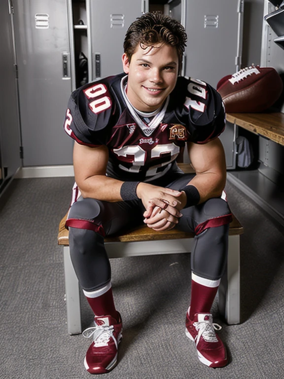 in an American football locker room, (sitting on a bench), legs spread open, MasynThorne, American football player wearing American football uniform, American football shoulder pads, (crimson red jersey:1.3), jersey number 8, (crimson red football pants and pads:1.3), (white socks:1.3), (black sneakers:1.3), crimson red backbasecap, backwards baseball cap, slight smile, (((full body portrait))), full body shot, wide angle <lora:MasynThorne:0.75>
