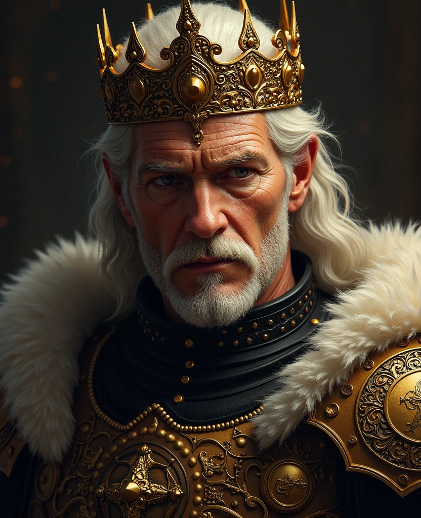 4 man crown, rey, wearing noble clothes with a crown , scars on the face highlighted, light gray hair , bonitas, rectangular face and expression of a beardless tyrant
