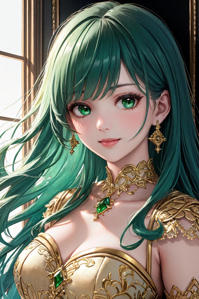 (best quality,ultra-detailed),portrait,sexy woman,beautiful face,detailed eyes and eyebrows,long eyelashes,emerald jewellery,grey eyes,fair skin,intense blushing,glossy lips parted,dark green blouse,dark green saree,gold patterns,emphasizing face,bun hairstyle