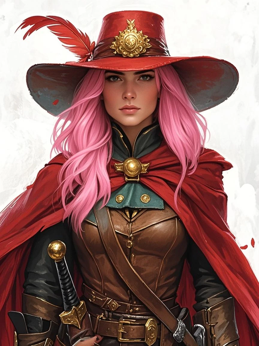 Woman with pastel pink hair, green eyes with red ninja clothes with a bear skin
