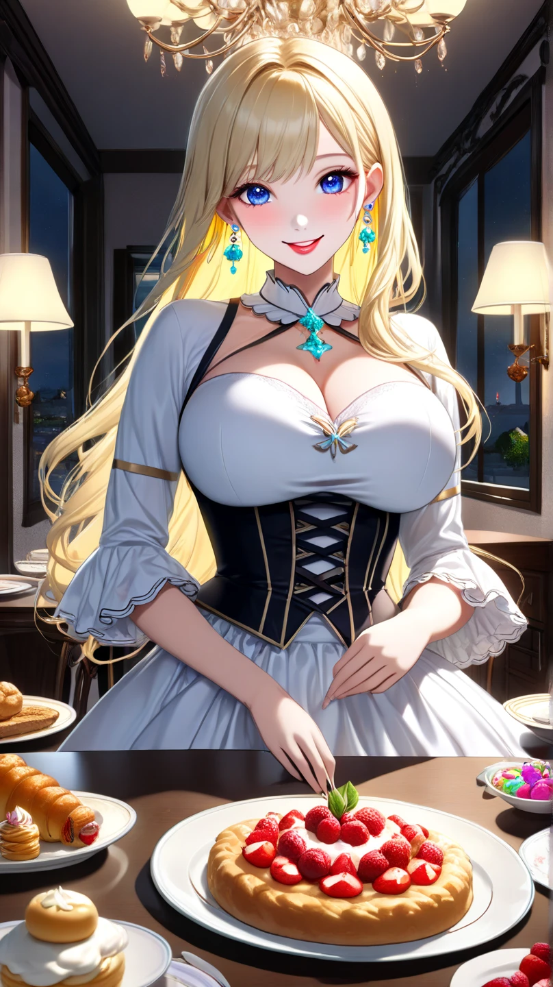 ultra high resolution, best quality, master piece, young woman, big breast, slender waist, off shoulder dress, mini skirt, blonde long hair, fair white skin, brown eyes, tavern background, standing with tray in hand, hot and sexy
