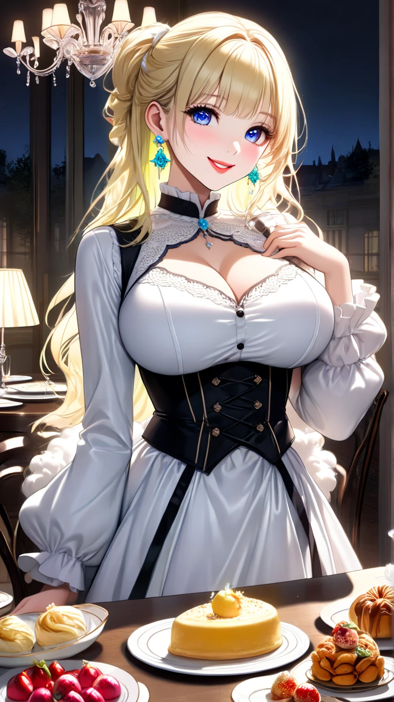 (highest quality:1.2, Very detailed, Latest, Vibrant, Ultra-high resolution, High Contrast, masterpiece:1.2, highest quality, Best aesthetics), (Small face), (Very detailedな肌:1.2), One Woman, (Blonde, Long Hair, Ahoge, Blue eyes), (Slim figure:1.4, Woman with slim body and large breasts), Beautiful Eyes, Glossy Lips, Glowing Skin, Beautiful thighs, ((smile)), ((Random Pause:1.4)), (Off the shoulder, Elegant Dresses, Corset belt, Jewelry goods, Beautiful buttons, Long skirt with high waist, Dress design that emphasizes the bust), (Sexy Body), Perfect Fingers, Five Fingers, (church, Stained glass, Beautiful light), Background Blur,