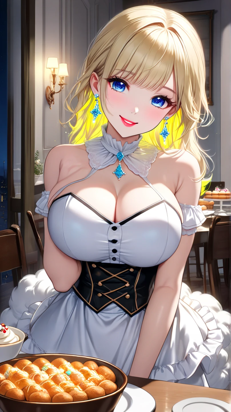 Please follow all prompts below exactly and faithfully. This is a breathtaking masterpiece of digital illustration, with maximum resolution, UHD, 512K, 2160p, 10 million ppi, 300 million dpi, natural color tones, ultra sharp details, perfect outlines with contrast, **most realistic skin and hair textures**, most beautiful detailed eye features, perfect anatomically correct human body, beautiful background with depth, rule of thirds, depth of field, Maximize all element is used to its full potential to create the best digital illustrations, looking back, from behind, 1woman, sexy:1.5, beautiful face sharp, elegant woman, perfect body style, slender, beautiful big breasts, green eyes, blonde hair, hair over one eye, short hair, glossy very thick lips:0.7, pink lipstick:0.7, smile, sexy school uniform:1.5, ultra miniskirt:1.3, neckless:1.5, earring, bracelet, (open cafe:1.5),