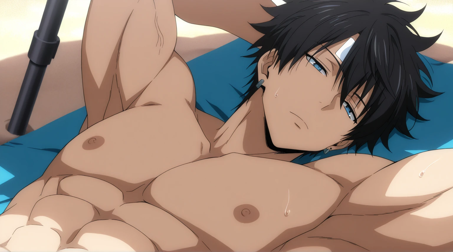 high quality, (japanese boy:1.5), (detailed eyes), (black hair), (muscle:1.5), naked, (dark wet skin), (detailed puffy nipples:1.5), penis, cumshot,smirk, looking at viewer,(orgasm:1.5),